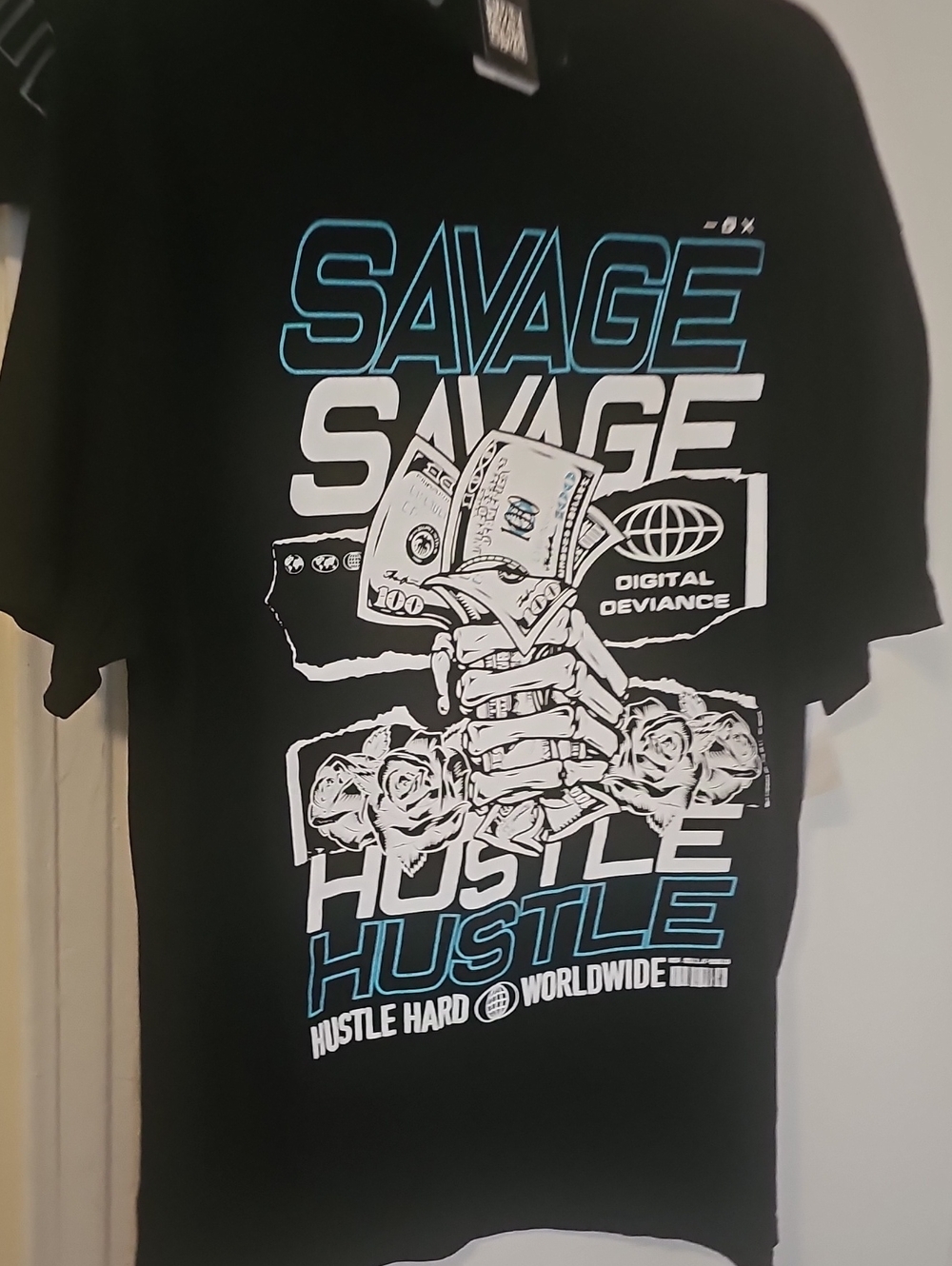 Black 'Savage Hustle' Graphic Tee with Blue and White Print
